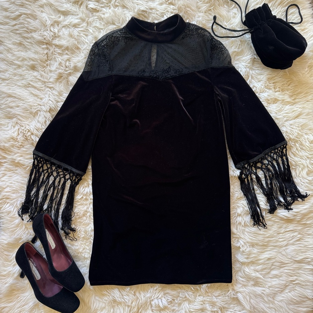 Vintage 90’s Black Velvet Mini Dress w/ Fringe Sleeves